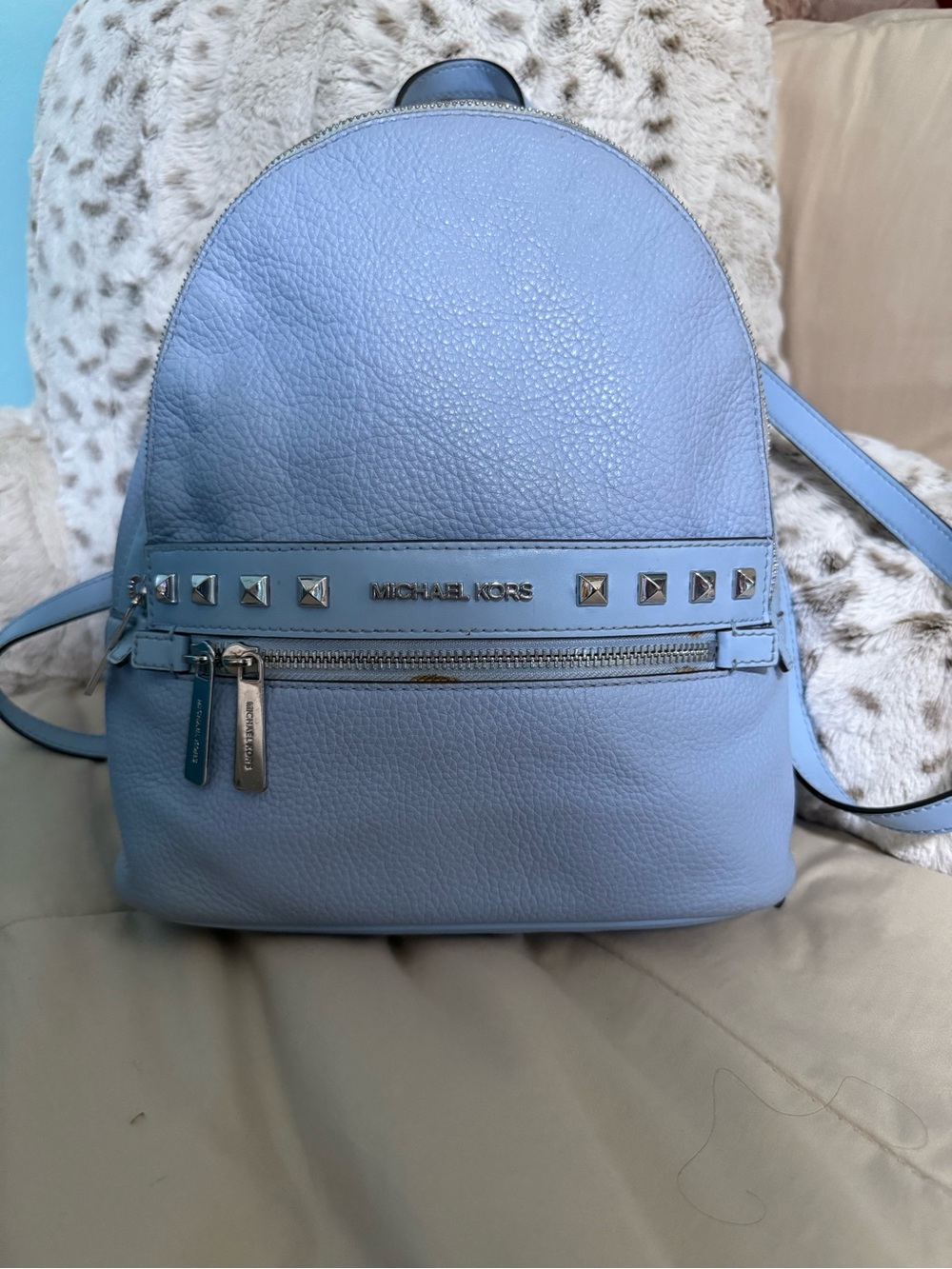 Michael Kors Powder Blue Pebbled Leather Backpack with Stud Accents